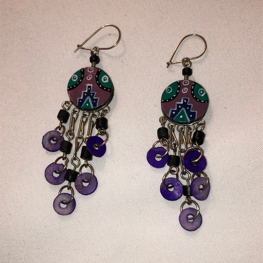 Southwest-Style Painted Ceramic and Shell Dangle
Earrings